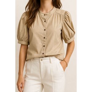 Worthington Puff Sleeve Button Blouse Beige Tan Mandarin Collar Top M NWOT